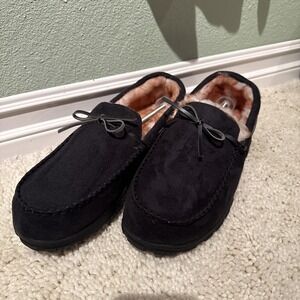 Men's Black Faux Sherpa Suede Slippers Size 14
